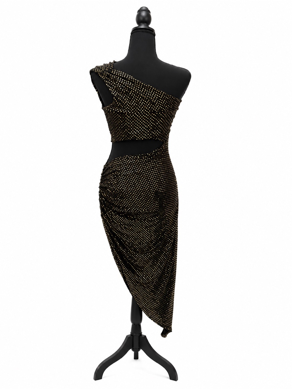 h:ours One-Shoulder Black Dress with Gold Stud Accents